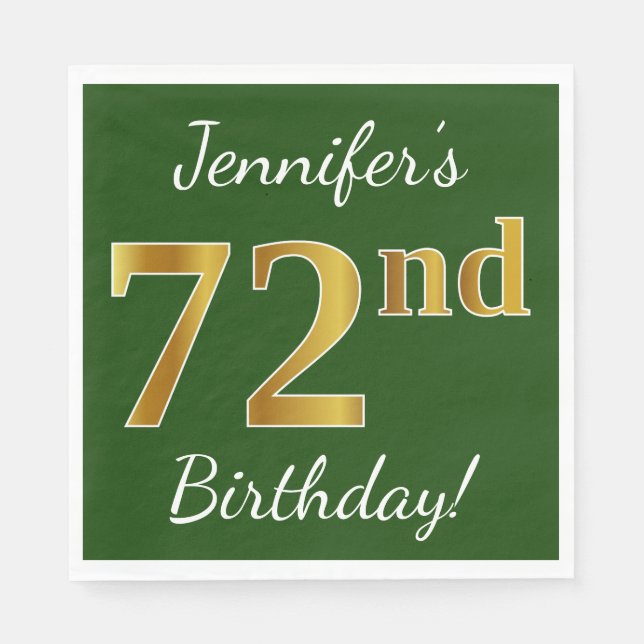 Green, Faux Gold 72nd Birthday + Custom Name Napkin (Front)