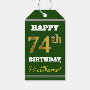 Green, Faux Gold 74th Birthday + Custom Name Gift Tags