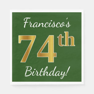 Green, Faux Gold 74th Birthday + Custom Name Napkin