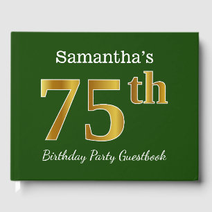 Green, Faux Gold 75th Birthday Party + Custom Name Guest Book