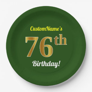 Green, Faux Gold 76th Birthday + Custom Name Paper Plate