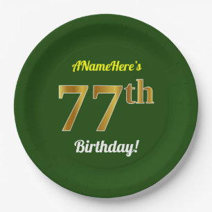 Green, Faux Gold 77th Birthday + Custom Name Paper Plate