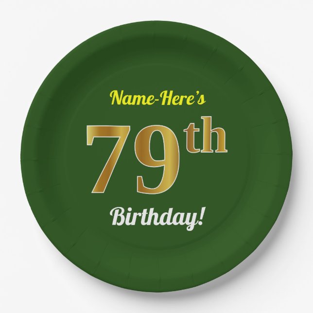 Green, Faux Gold 79th Birthday + Custom Name Paper Plate (Front)