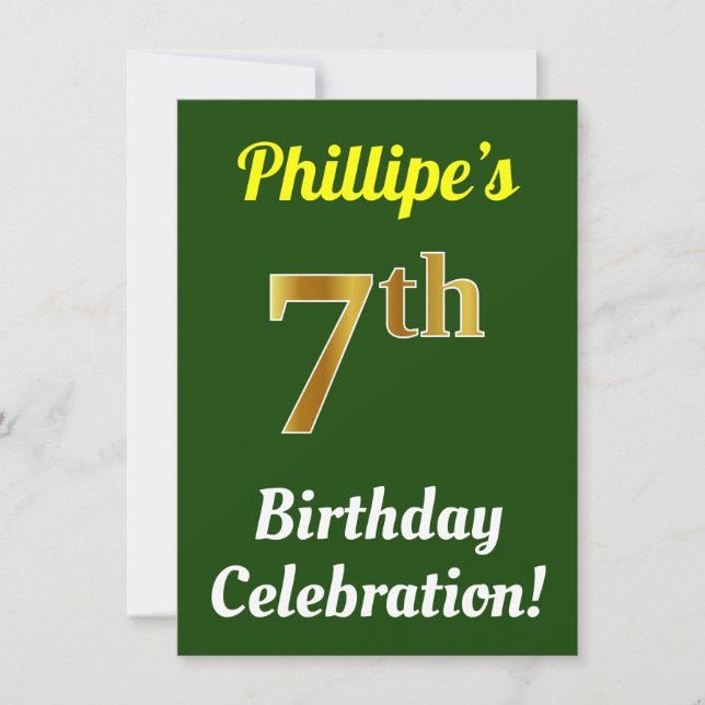 Green, Faux Gold 7th Birthday Celebration + Name Invitation (Front)