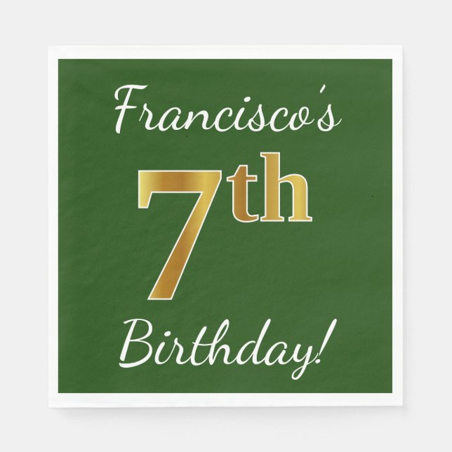 Green, Faux Gold 7th Birthday + Custom Name Napkin (Front)