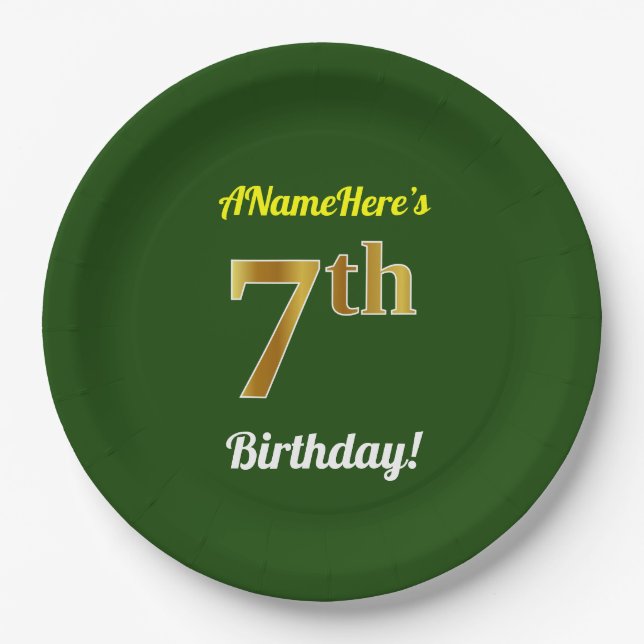 Green, Faux Gold 7th Birthday + Custom Name Paper Plate (Front)
