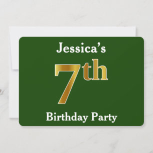Green, Faux Gold 7th Birthday Party + Custom Name Invitation