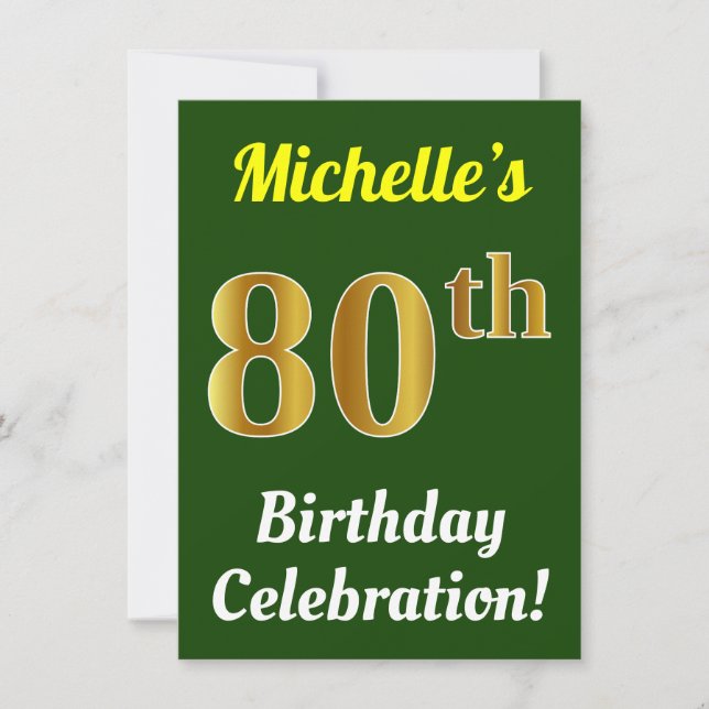 Green, Faux Gold 80th Birthday Celebration + Name Invitation (Front)