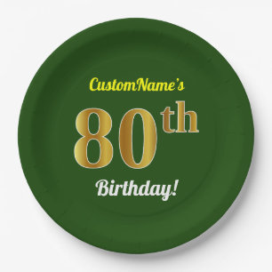 Green, Faux Gold 80th Birthday + Custom Name Paper Plate