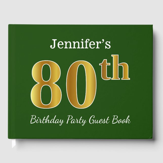 Green, Faux Gold 80th Birthday Party + Custom Name Guest Book (Front)