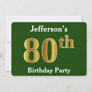 Green, Faux Gold 80th Birthday Party + Custom Name Invitation