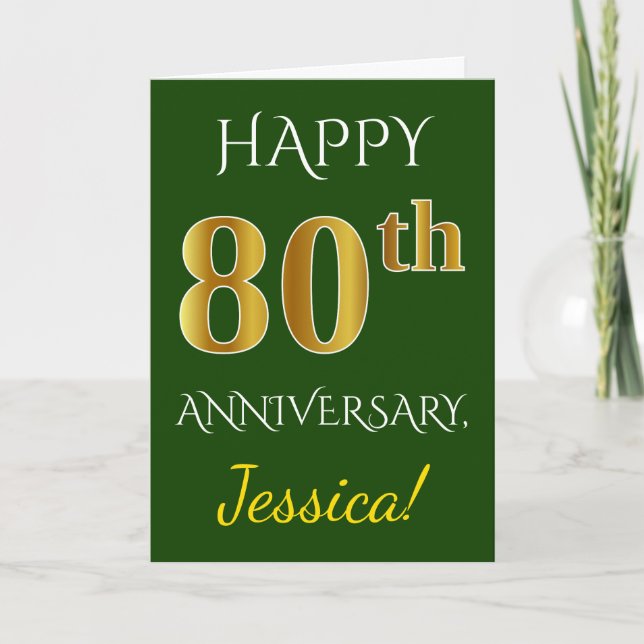 Green, Faux Gold 80th Wedding Anniversary + Name Card (Front)