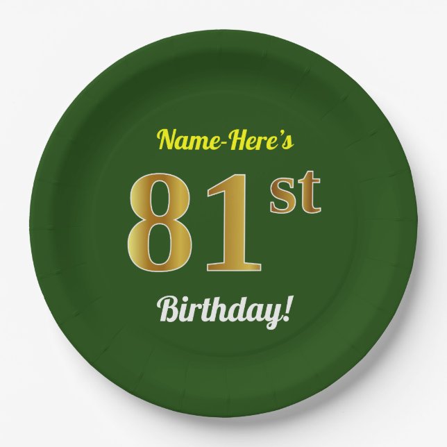 Green, Faux Gold 81st Birthday + Custom Name Paper Plate (Front)
