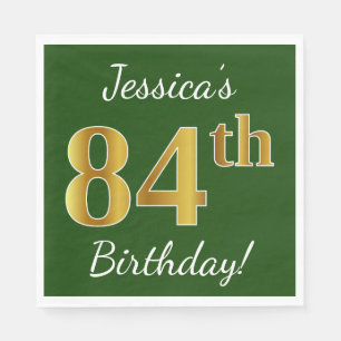 Green, Faux Gold 84th Birthday + Custom Name Napkin