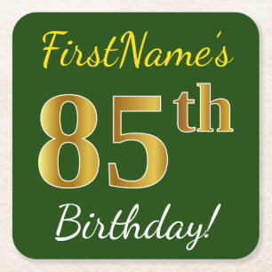 Green, Faux Gold 85th Birthday + Custom Name Square Paper Coaster