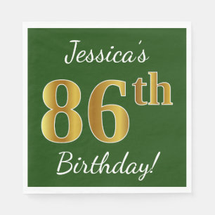 Green, Faux Gold 86th Birthday + Custom Name Napkin