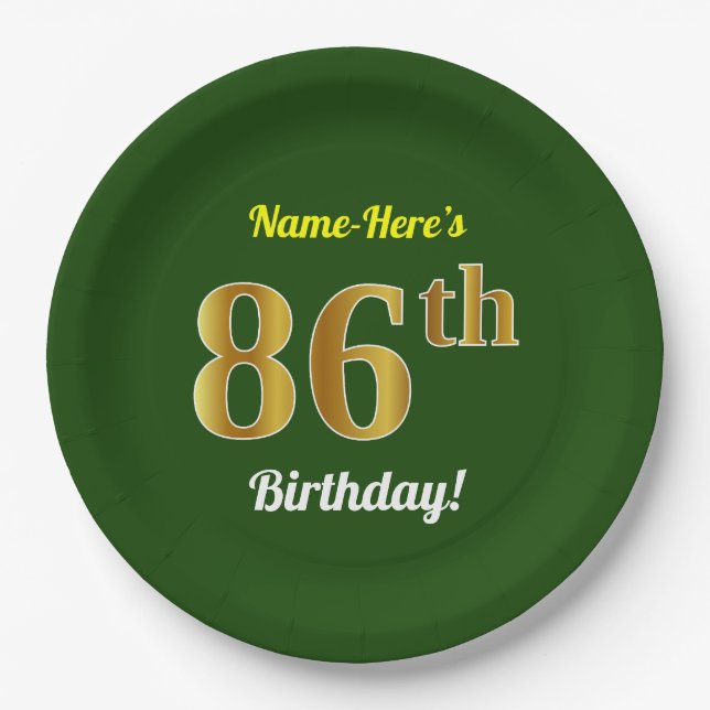 Green, Faux Gold 86th Birthday + Custom Name Paper Plate (Front)