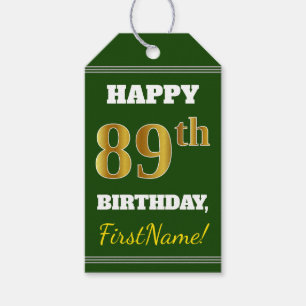 Green, Faux Gold 89th Birthday + Custom Name Gift Tags