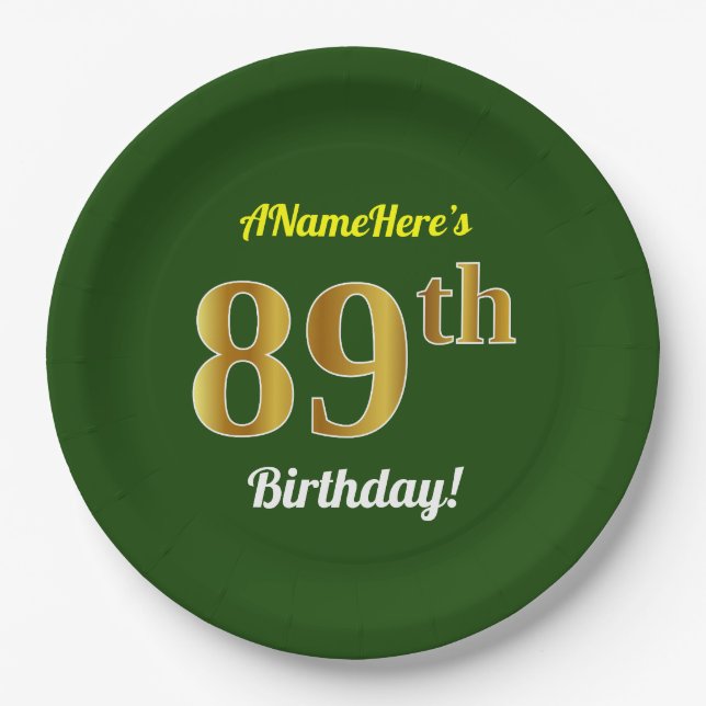 Green, Faux Gold 89th Birthday + Custom Name Paper Plate (Front)