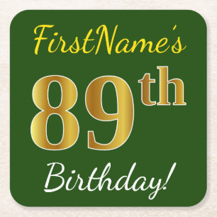 Green, Faux Gold 89th Birthday + Custom Name Square Paper Coaster