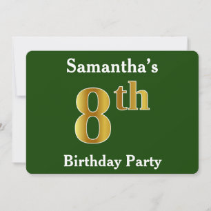Green, Faux Gold 8th Birthday Party + Custom Name Invitation