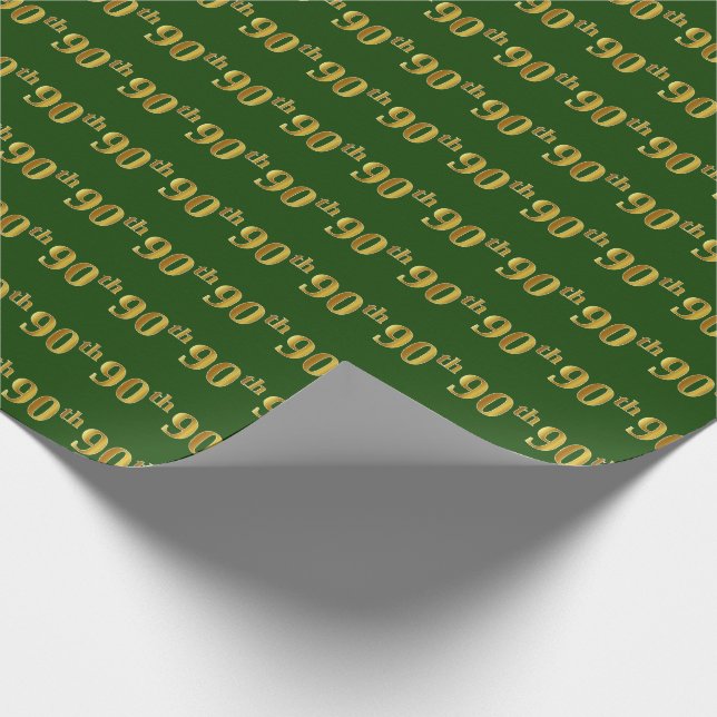 Green, Faux Gold 90th (Ninetieth) Event Wrapping Paper (Corner)