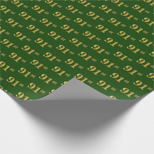 Green, Faux Gold 91st (Ninety-First) Event Wrapping Paper (Corner)