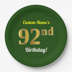 Green, Faux Gold 92nd Birthday + Custom Name Paper Plate