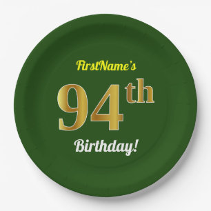 Green, Faux Gold 94th Birthday + Custom Name Paper Plate