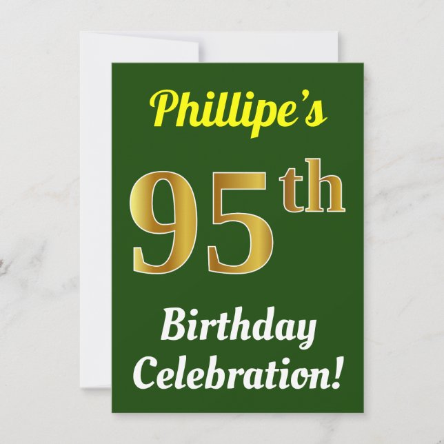 Green, Faux Gold 95th Birthday Celebration + Name Invitation (Front)