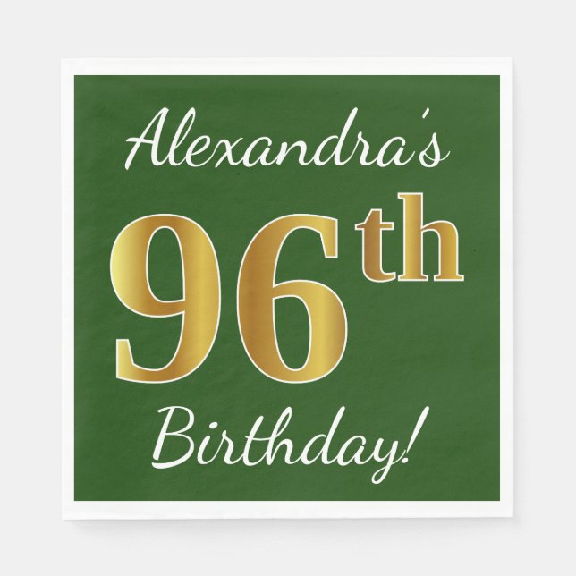Green, Faux Gold 96th Birthday + Custom Name Napkin (Front)