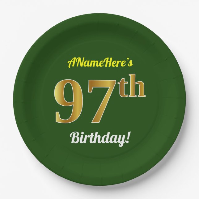 Green, Faux Gold 97th Birthday + Custom Name Paper Plate (Front)