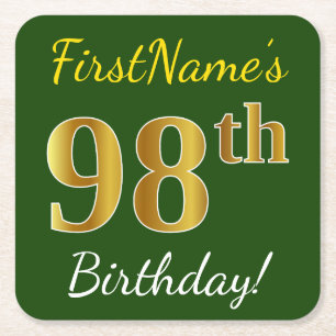 Green, Faux Gold 98th Birthday + Custom Name Square Paper Coaster