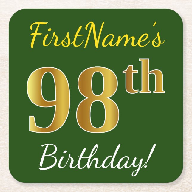 Green, Faux Gold 98th Birthday + Custom Name Square Paper Coaster (Front)