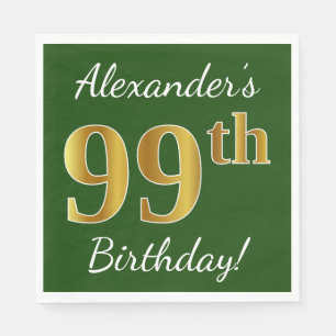 Green, Faux Gold 99th Birthday + Custom Name Napkin