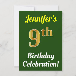 Green, Faux Gold 9th Birthday Celebration + Name Invitation