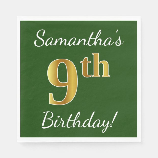 Green, Faux Gold 9th Birthday + Custom Name Napkin (Front)