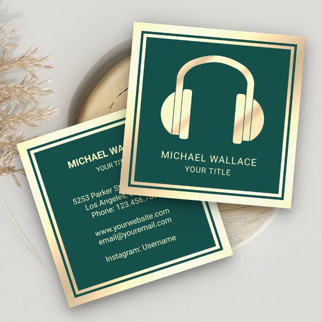 Green Faux Gold Foil Headphones Music DJ Square Business Card (Creator Uploaded)