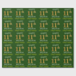 Green, Faux Gold "HAPPY 11th BIRTHDAY" Wrapping Paper