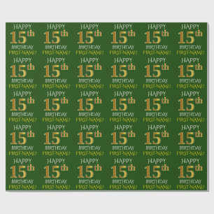 Green, Faux Gold "HAPPY 15th BIRTHDAY" Wrapping Paper