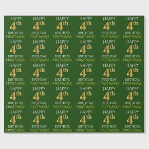 Green, Faux Gold "HAPPY 4th BIRTHDAY" Wrapping Paper