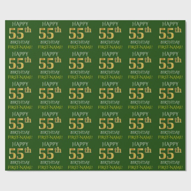 Green, Faux Gold "HAPPY 55th BIRTHDAY" Wrapping Paper (Flat)