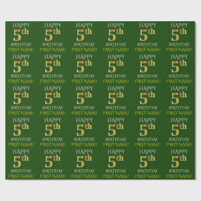 Green, Faux Gold "HAPPY 5th BIRTHDAY" Wrapping Paper (Flat)