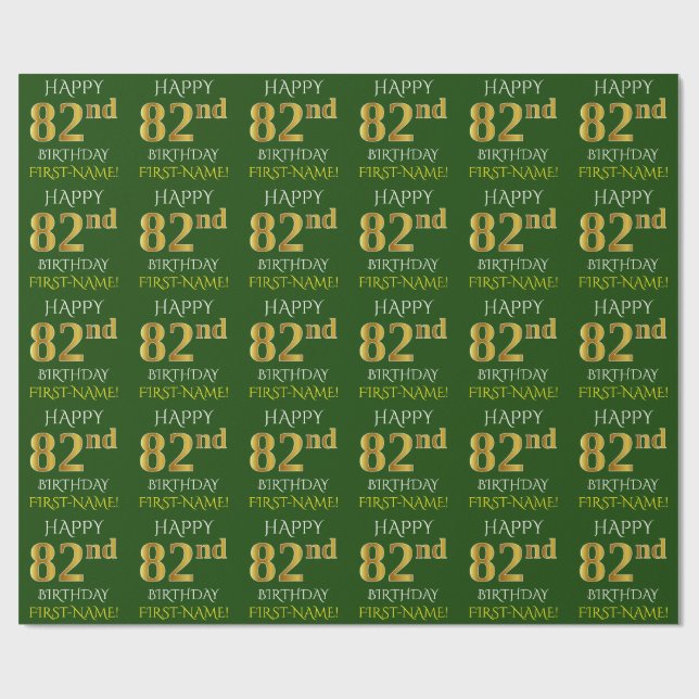 Green, Faux Gold "HAPPY 82nd BIRTHDAY" Wrapping Paper (Flat)