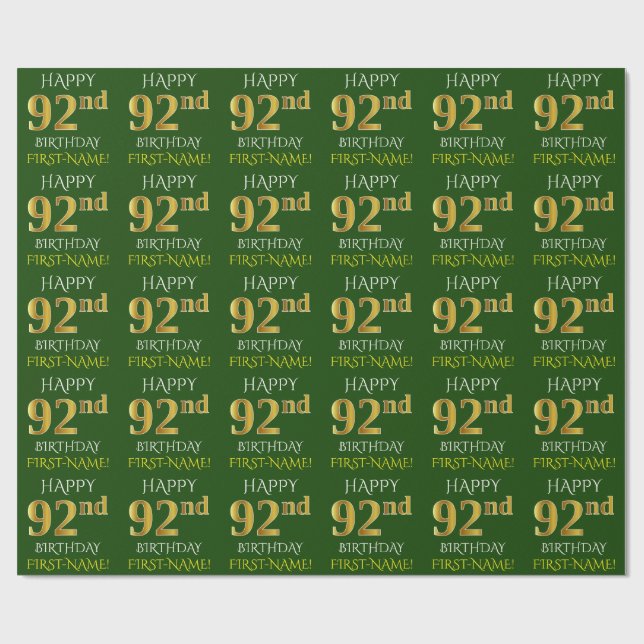 Green, Faux Gold "HAPPY 92nd BIRTHDAY" Wrapping Paper (Flat)