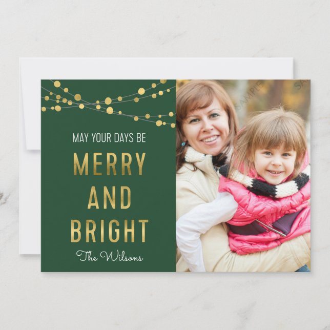 Green, Faux Gold Merry & Bright Lights Photo Holiday Card (Front)