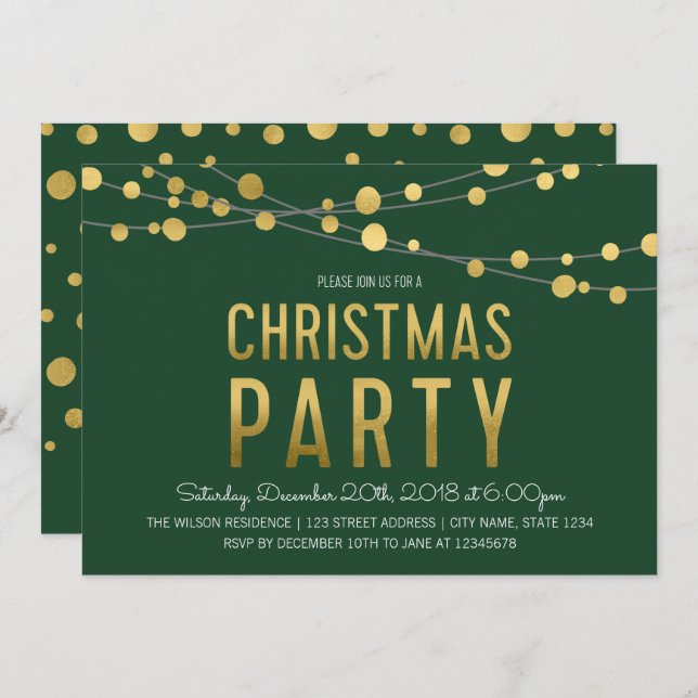 Green Faux Gold Strings of Lights Christmas Party Invitation (Front/Back)