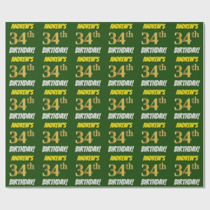 Green, Faux/Imitation Gold, "34th BIRTHDAY" Wrapping Paper