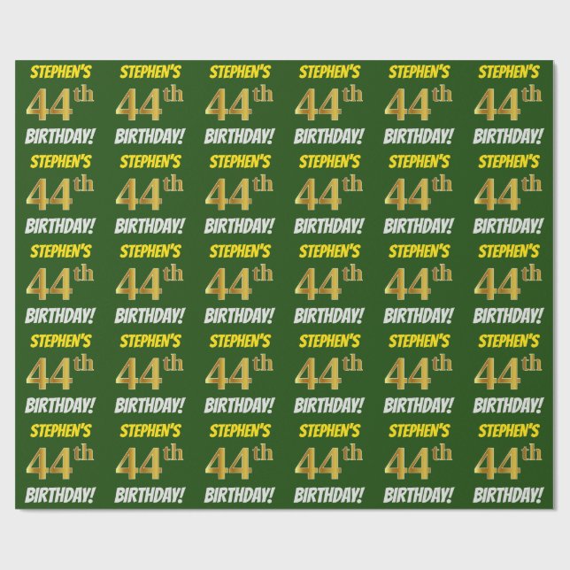 Green, Faux/Imitation Gold, "44th BIRTHDAY" Wrapping Paper (Flat)
