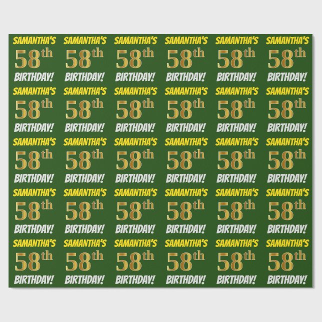 Green, Faux/Imitation Gold, "58th BIRTHDAY" Wrapping Paper (Flat)